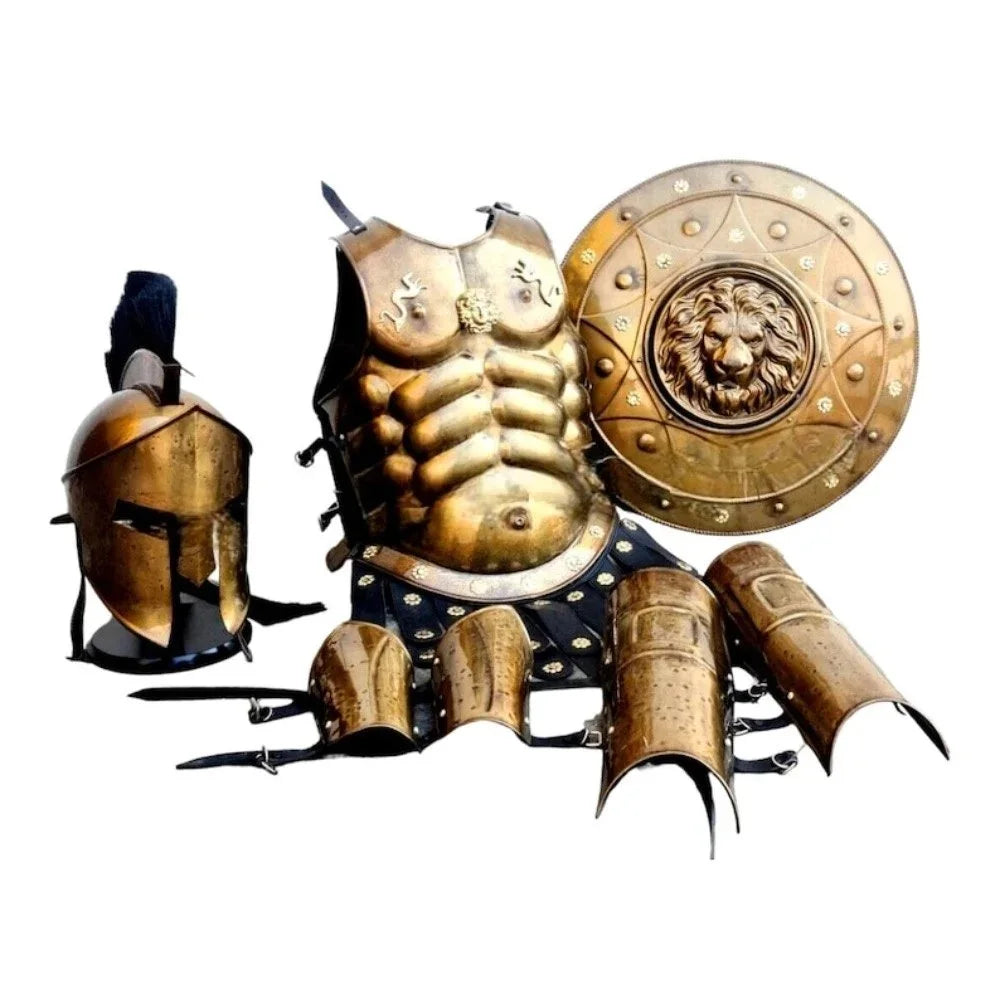 Handmade Spartan Greek Muscle Armor Set with and Helmet Roman Gladiator Costume Antique Brass Finish Medieval Armor Suit