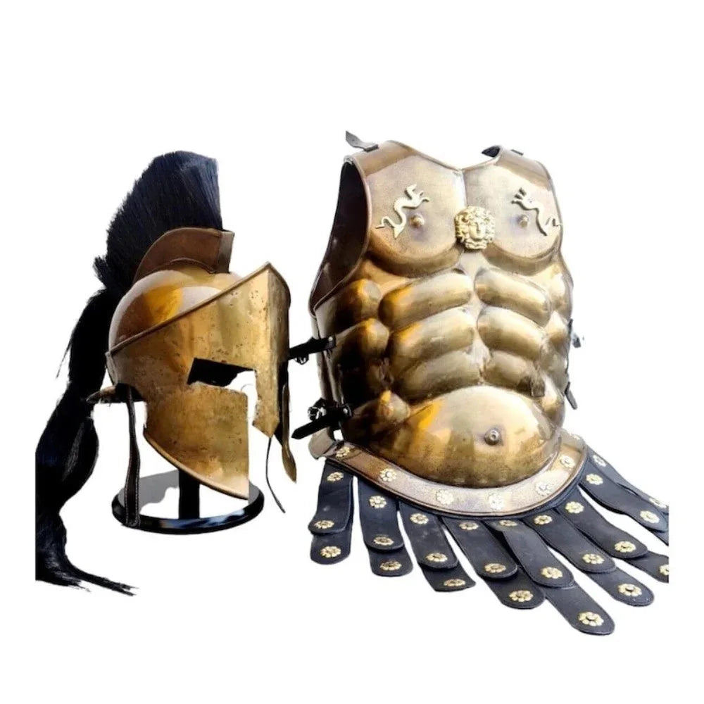 Handmade Spartan Greek Muscle Armor Set with and Helmet Roman Gladiator Costume Antique Brass Finish Medieval Armor Suit