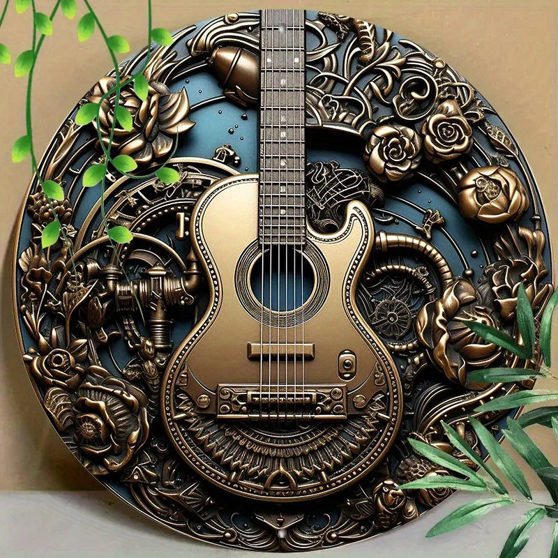 Steampunk Guitar Wall Art Decor,  Round Aluminum Metal Sign with Gears & Roses, Waterproof & Weather Resistant for Home, Office