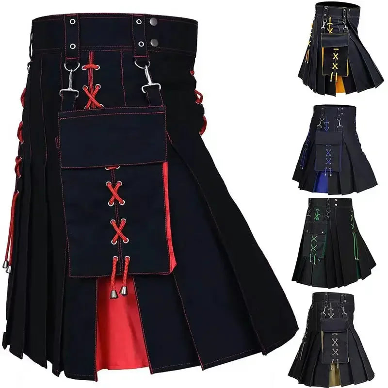 Mens Kilt Utility Scottish Traditional Highland Solid Pleated Buckle Straps Costume Kilts with Cargo Pockets