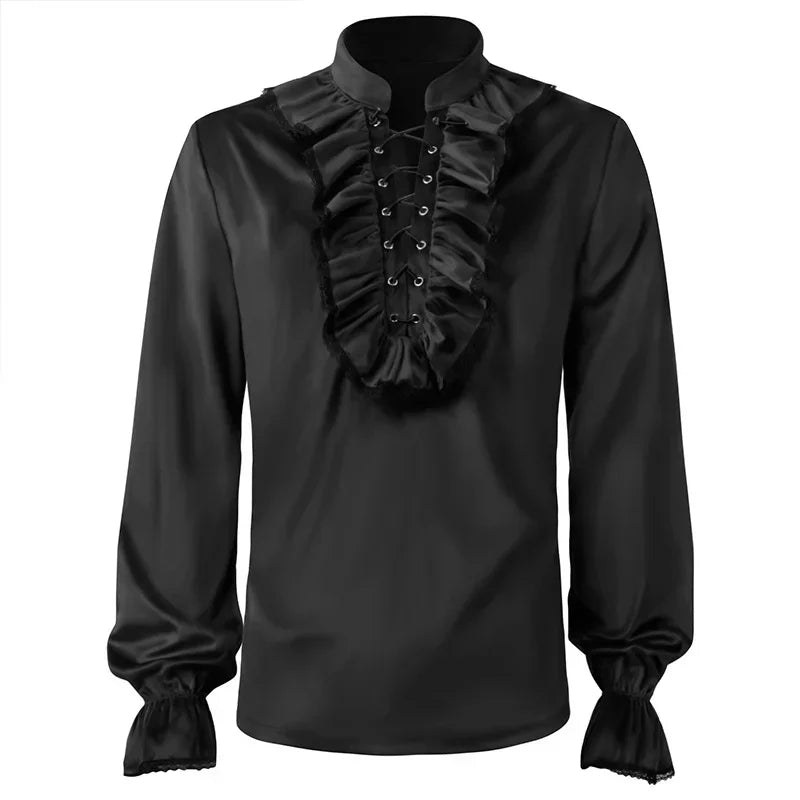 Men Steampunk Shirt Folds Medieval Victorian Vintage Top Long Sleeve Renaissance Costume Stage Party Clothing