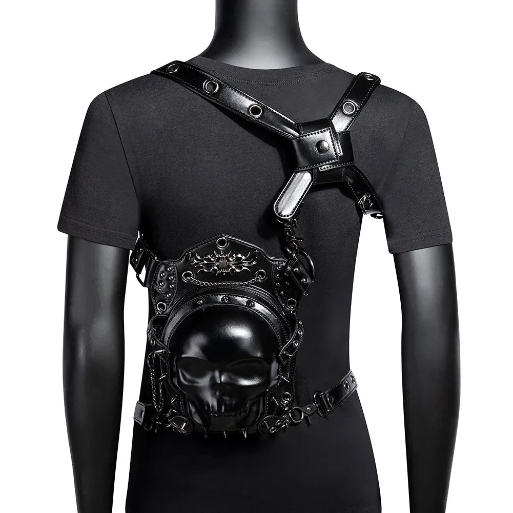 Steam Rock Gothic Black Punk Rivet Skull Shoulder Waist Bag Backpack Halloween Cosplay Accessories Suitable For Men And Women