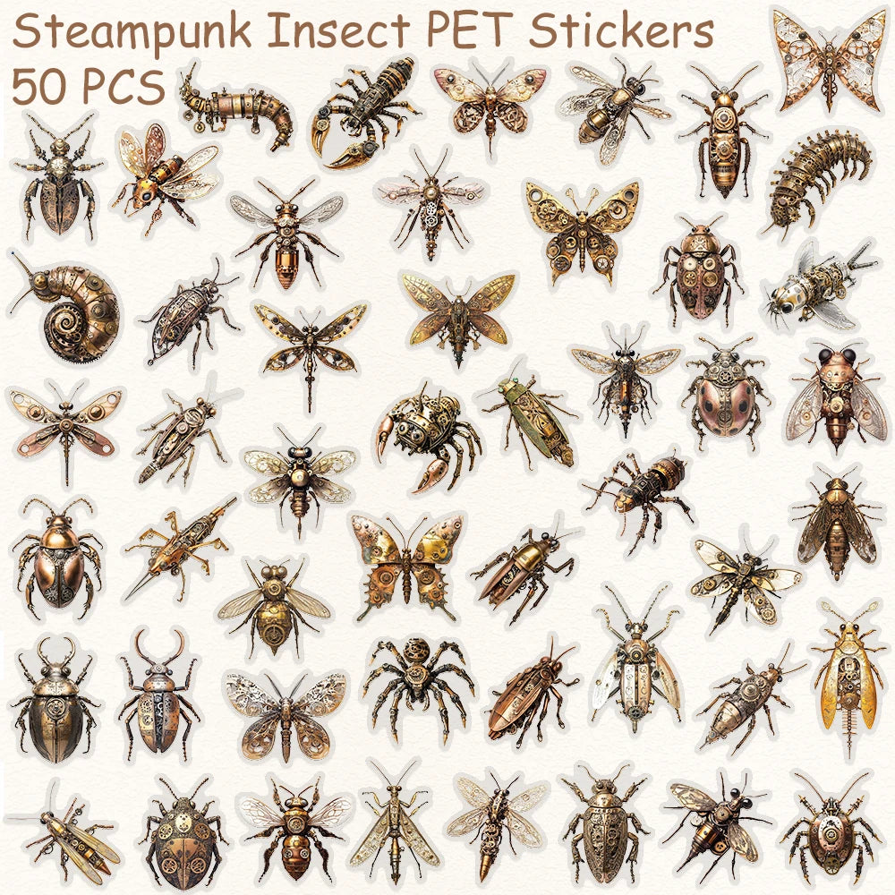50pcs Steam Punk Insects Spider Butterfly PET Stickers Decals For Laptop Wall Suitcase Skateboard DIY Retro Waterproof Stickers