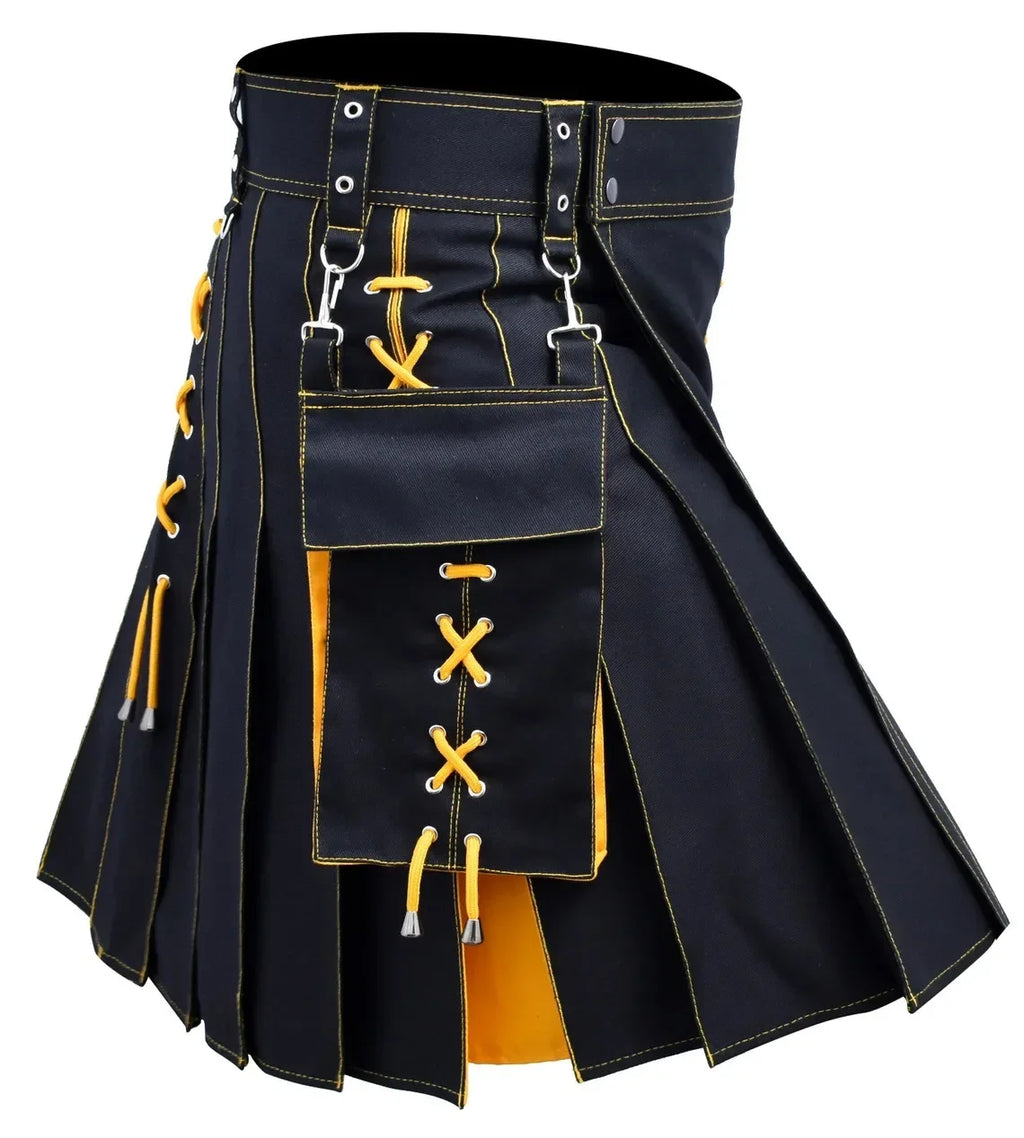 Men's Kilt Utility Solid Pleated Buckle Straps with Cargo Pockets
