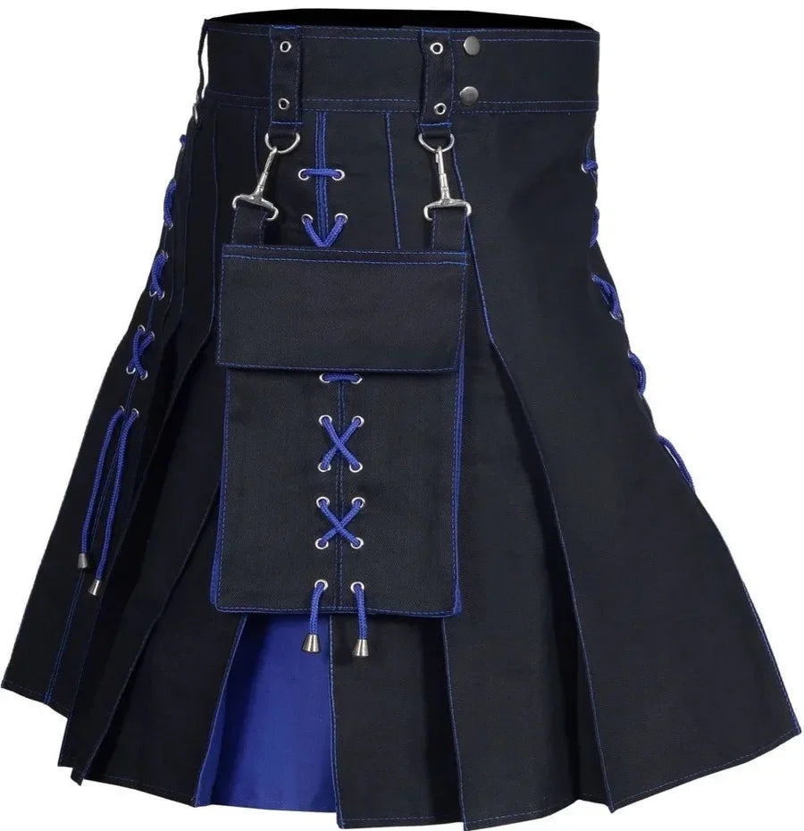 Mens Kilt Utility Scottish Traditional Highland Solid Pleated Buckle Straps Costume Kilts with Cargo Pockets