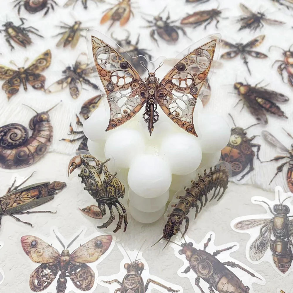 50pcs Steam Punk Insects Spider Butterfly PET Stickers Decals For Laptop Wall Suitcase Skateboard DIY Retro Waterproof Stickers