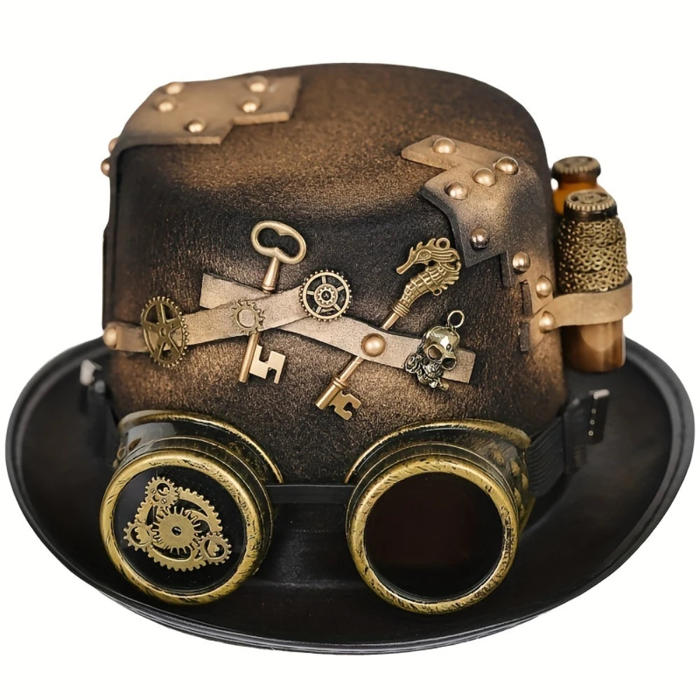 Steampunk Top Felt Hat with Golden Bottle & Skull Accents - Detachable Goggles, Adjustable Fit for Masquerade Parties & Cosplay
