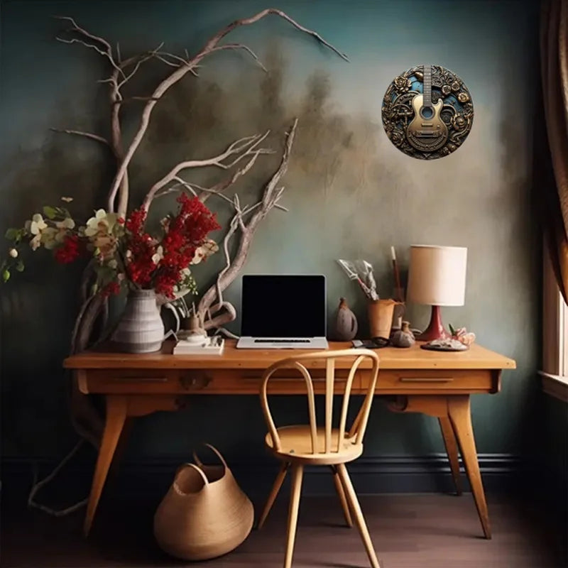 Steampunk Guitar Wall Art Decor,  Round Aluminum Metal Sign with Gears & Roses, Waterproof & Weather Resistant for Home, Office