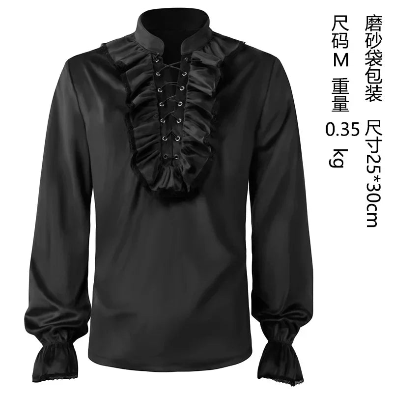 Men Steampunk Shirt Folds Medieval Victorian Vintage Top Long Sleeve Renaissance Costume Stage Party Clothing
