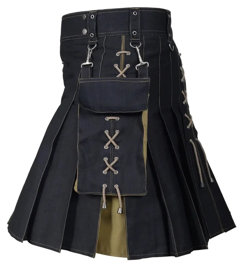 Men's Kilt Utility Solid Pleated Buckle Straps with Cargo Pockets