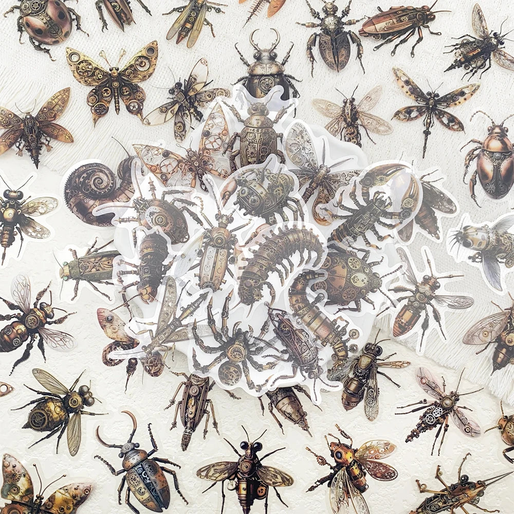 50pcs Steam Punk Insects Spider Butterfly PET Stickers Decals For Laptop Wall Suitcase Skateboard DIY Retro Waterproof Stickers
