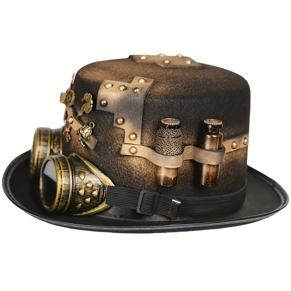 Steampunk Top Felt Hat with Golden Bottle & Skull Accents - Detachable Goggles, Adjustable Fit for Masquerade Parties & Cosplay