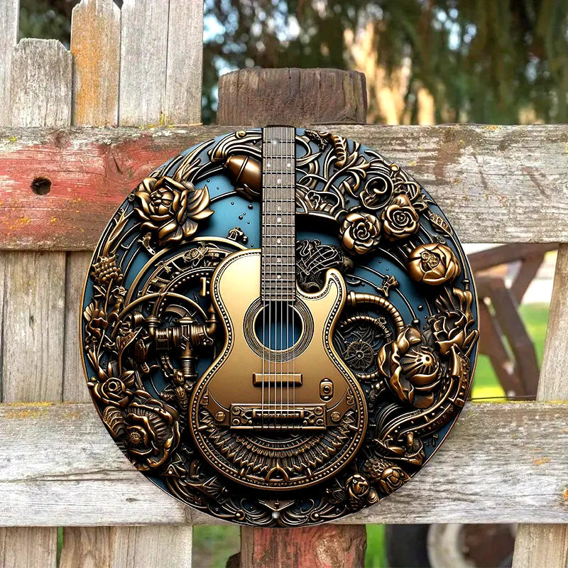 Steampunk Guitar Wall Art Decor,  Round Aluminum Metal Sign with Gears & Roses, Waterproof & Weather Resistant for Home, Office