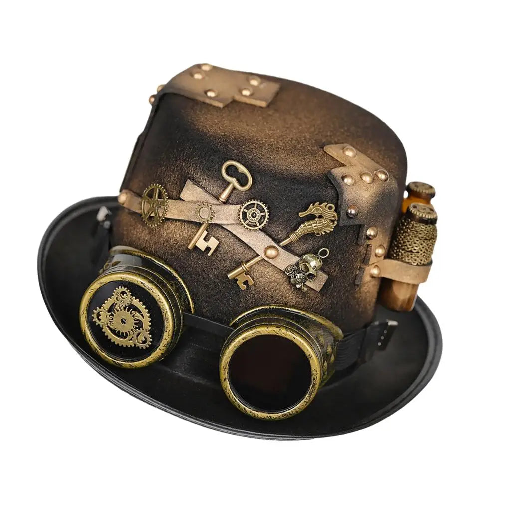 Gothic Steampunk Punk Top Hat with Gear Glasses Metal Felt Fedora Costume for Adult Halloween Events