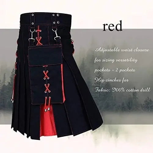 Men's Kilt Utility Solid Pleated Buckle Straps with Cargo Pockets