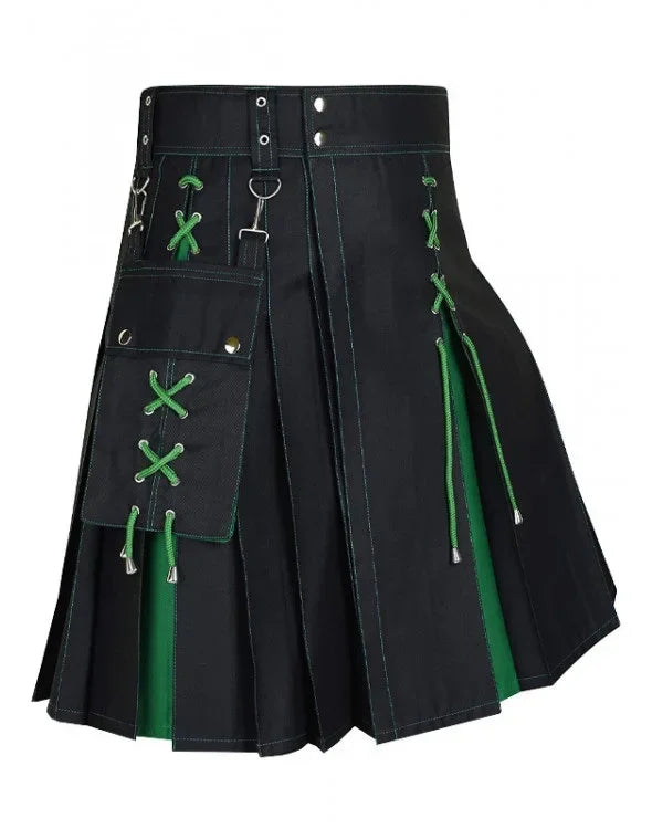 Mens Kilt Utility Scottish Traditional Highland Solid Pleated Buckle Straps Costume Kilts with Cargo Pockets